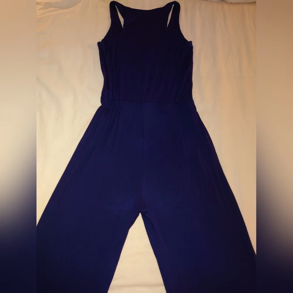 NWT Navy Blue NELL COUTURE Soft Jersey Knit Drawstring Racerback Jumpsuit XS 2 - Picture 13 of 14